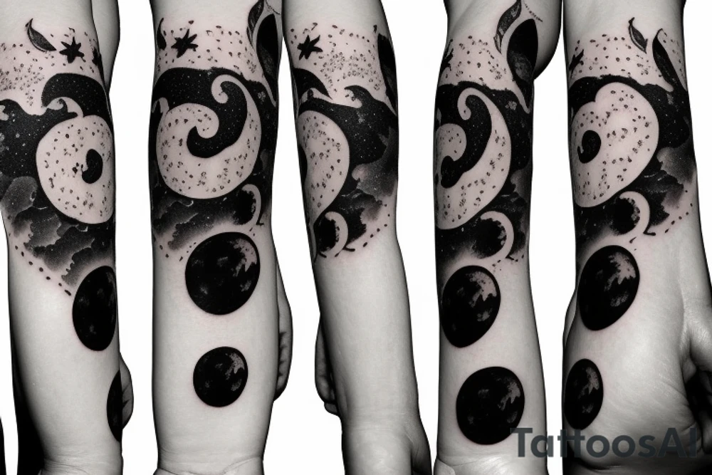 Cat and wolf silloette combined in the shape of a moon with mushrooms tattoo idea