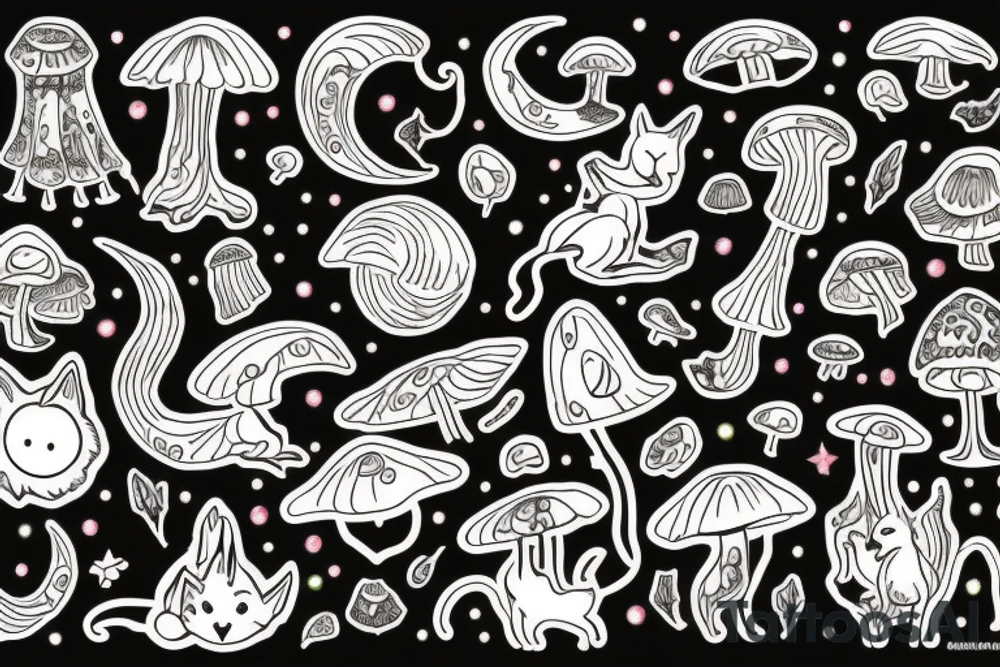 Wolf, moon, cat, mushroom, psychedelic tattoo idea