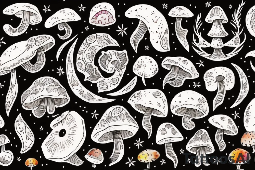 Wolf, moon, cat, mushroom, psychedelic tattoo idea