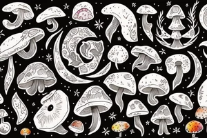 Wolf, moon, cat, mushroom, psychedelic tattoo idea