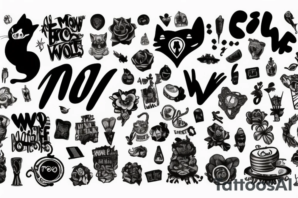 Meow wolf written out in different fonts tattoo idea