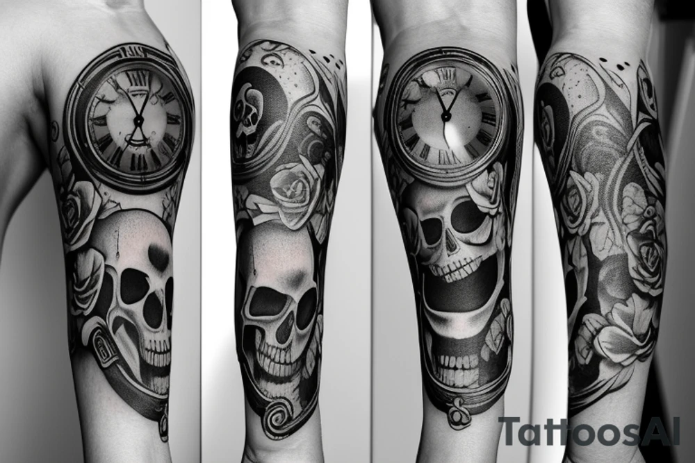 Arm sleeve with a clock skull and life tattoo idea