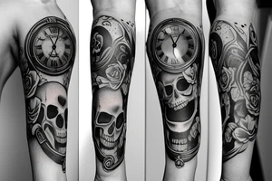 Arm sleeve with a clock skull and life tattoo idea