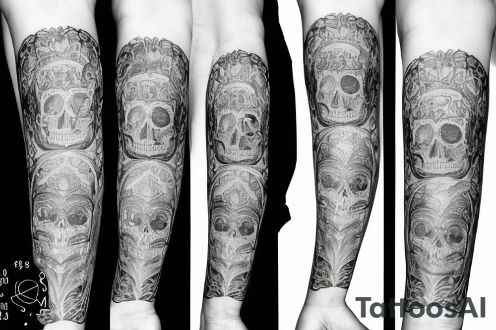 Arm sleeve with a clock skull and life tattoo idea