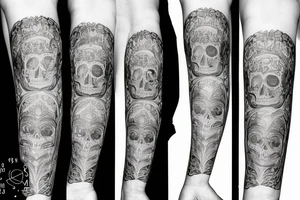 Arm sleeve with a clock skull and life tattoo idea