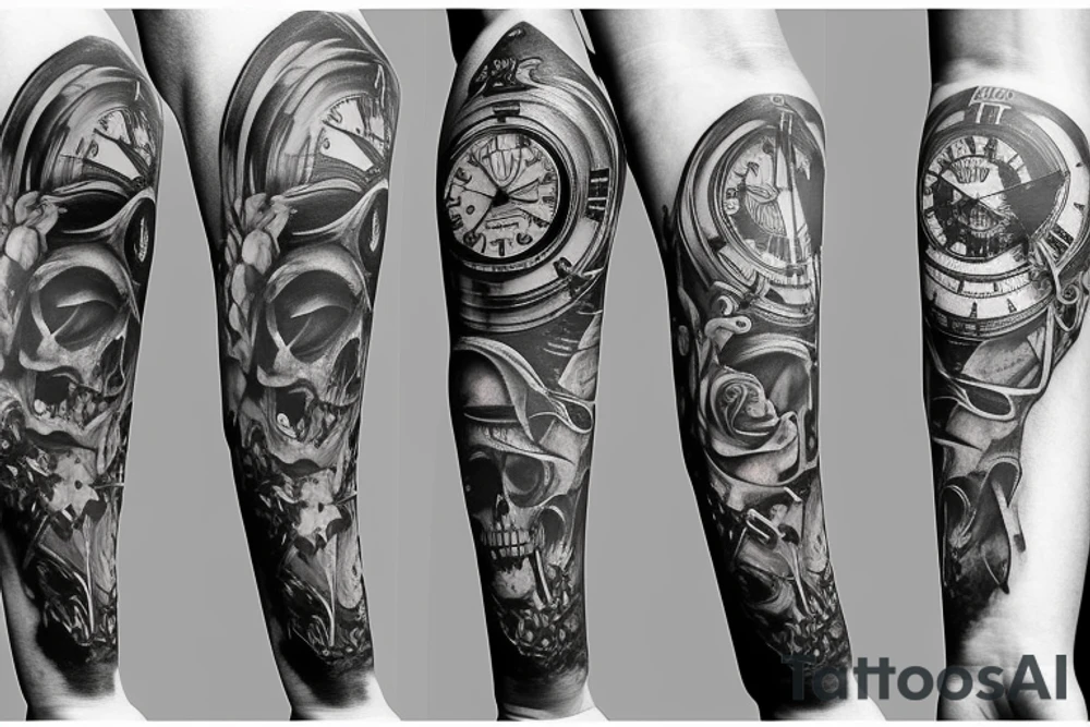 Arm sleeve with a clock, skull, and life tattoo idea