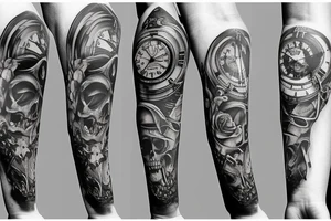 Arm sleeve with a clock, skull, and life tattoo idea