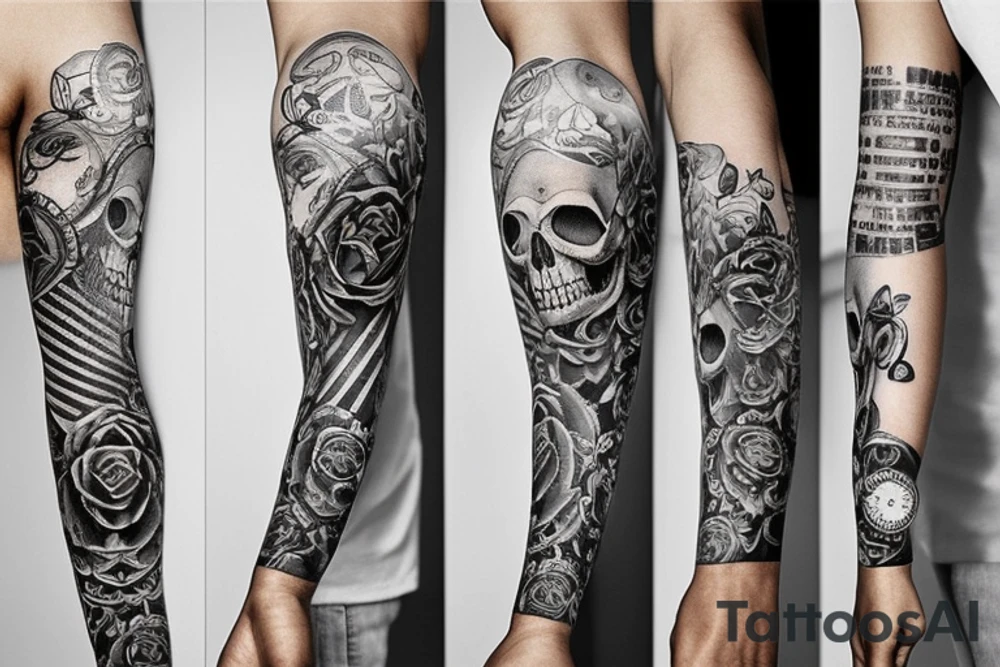 Arm sleeve with a clock, skull, and life tattoo idea