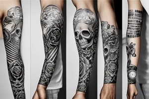 Arm sleeve with a clock, skull, and life tattoo idea