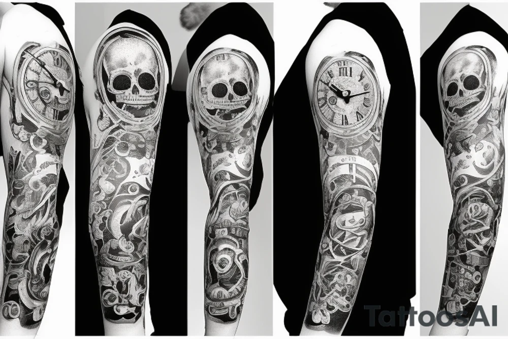 Full Arm sleeve with a clock as the center piece, skull, and life tattoo idea