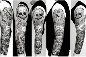 Full Arm sleeve with a clock as the center piece, skull, and life tattoo idea