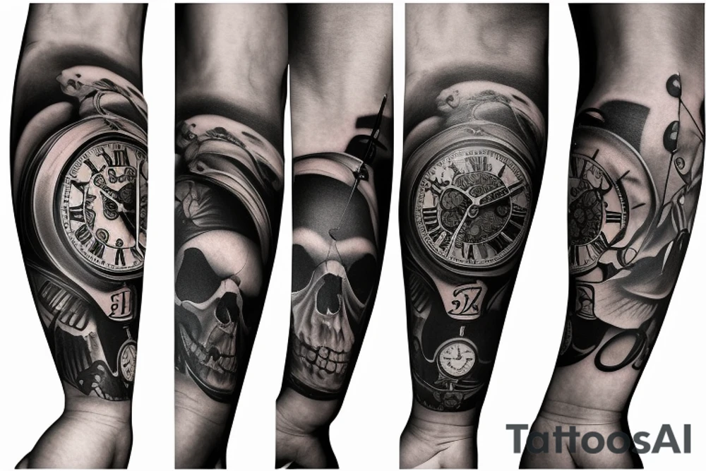 Full Arm sleeve with a clock as the center piece, skull, and life tattoo idea