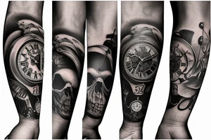 Full Arm sleeve with a clock as the center piece, skull, and life tattoo idea