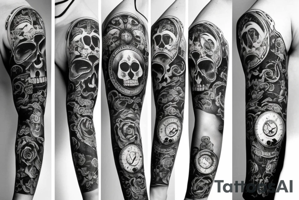 Full Arm sleeve with a clock as the center piece, skull, and life tattoo idea