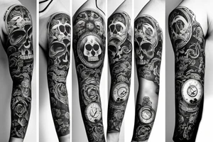 Full Arm sleeve with a clock as the center piece, skull, and life tattoo idea