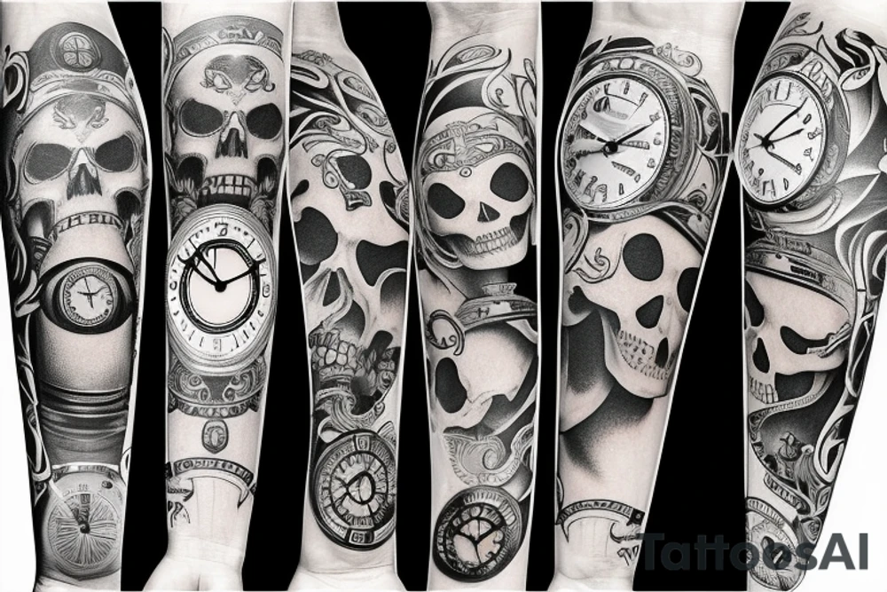 Full Arm sleeve with a clock as the center piece, skull, and life tattoo idea