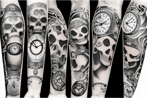 Full Arm sleeve with a clock as the center piece, skull, and life tattoo idea