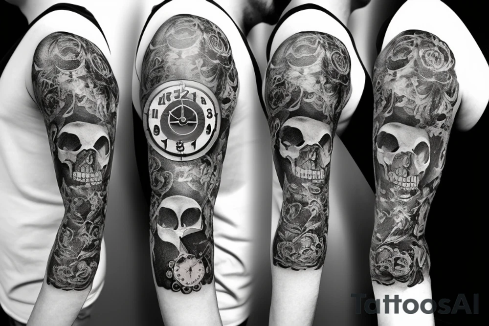 Full Arm sleeve with a clock as the center piece, skull, and life tattoo idea