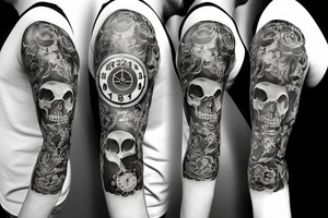 Full Arm sleeve with a clock as the center piece, skull, and life tattoo idea