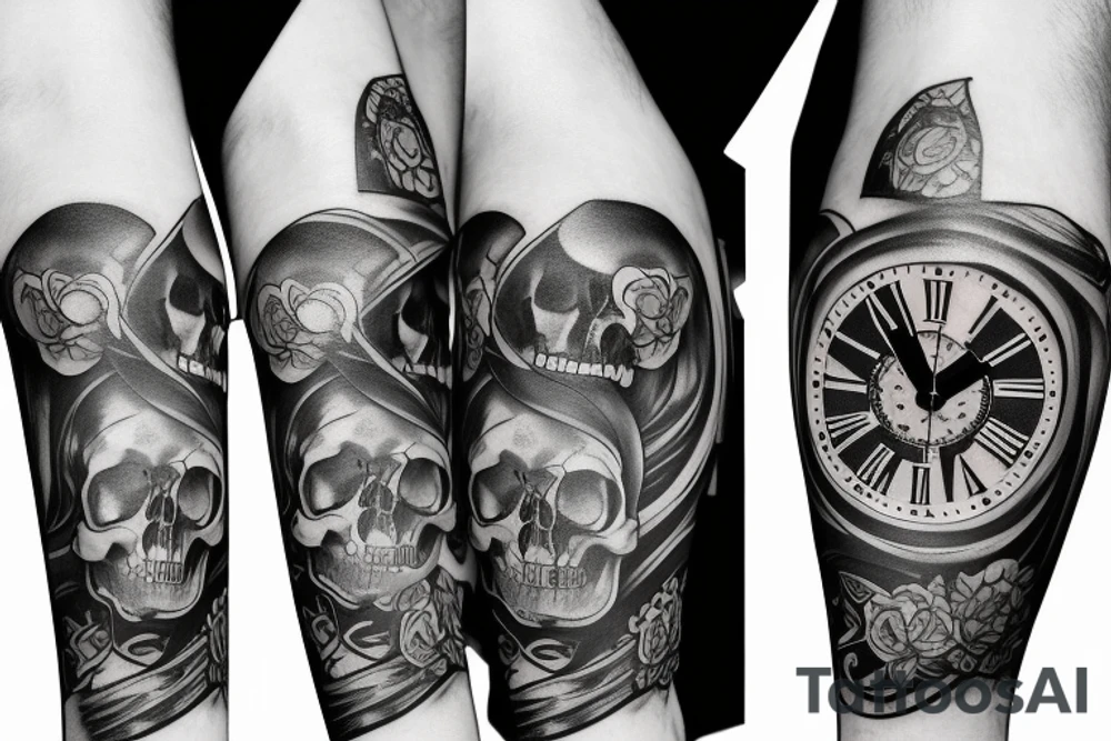 Full Arm sleeve with a clock as the center piece, skull, and life tattoo idea
