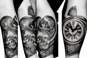 Full Arm sleeve with a clock as the center piece, skull, and life tattoo idea