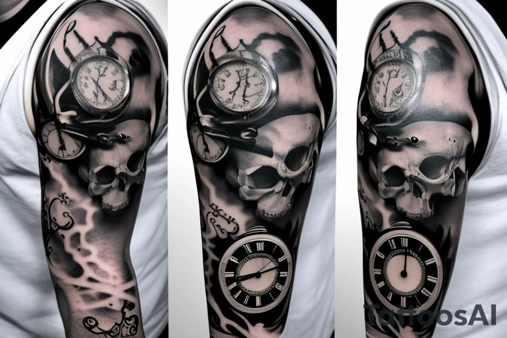 Full Arm sleeve with a clock as the center piece, skull, and life tattoo idea