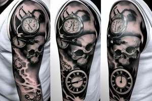 Full Arm sleeve with a clock as the center piece, skull, and life tattoo idea