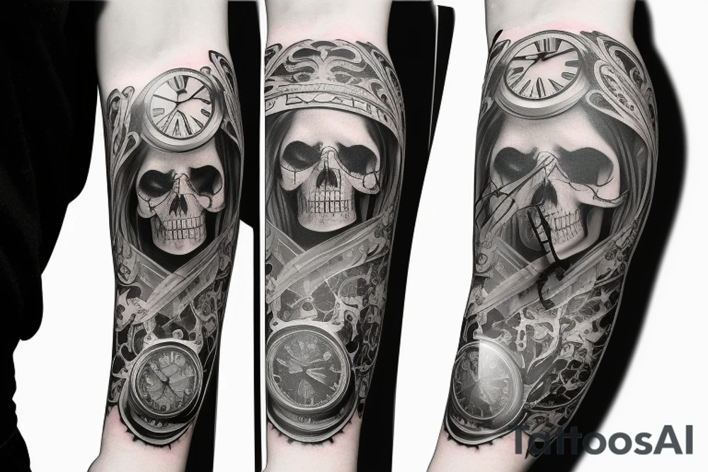 Full Arm sleeve with a clock as the center piece, skull, and life tattoo idea