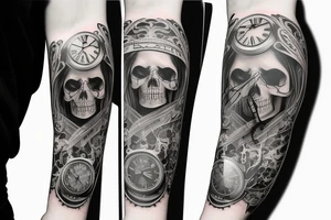 Full Arm sleeve with a clock as the center piece, skull, and life tattoo idea