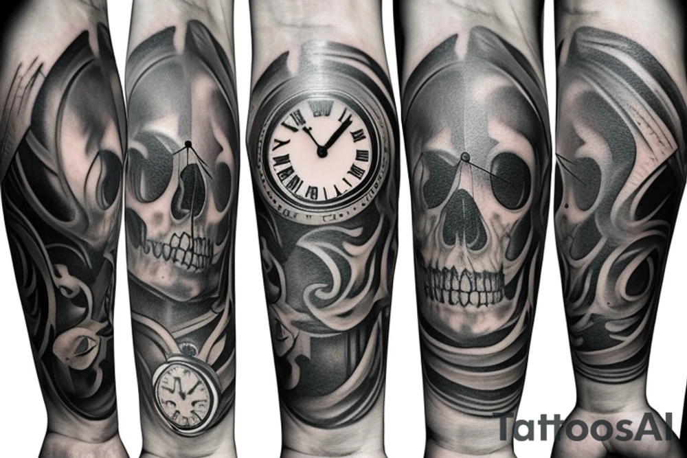 Full Arm sleeve with a clock as the center piece, skull, and life tattoo idea