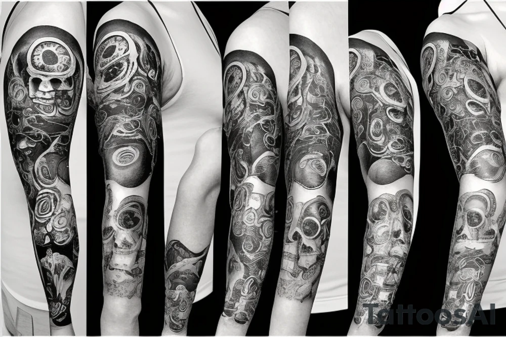 Full Arm sleeve with a clock as the center piece, skull, and life tattoo idea
