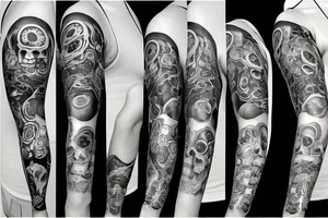 Full Arm sleeve with a clock as the center piece, skull, and life tattoo idea