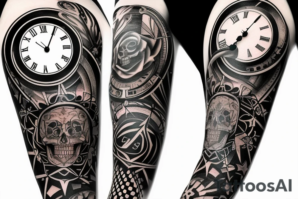 Full Arm sleeve with a clock as the center piece, skull, and life tattoo idea