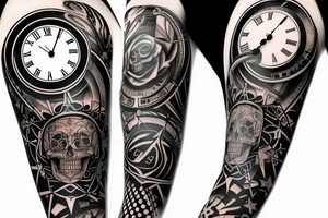 Full Arm sleeve with a clock as the center piece, skull, and life tattoo idea