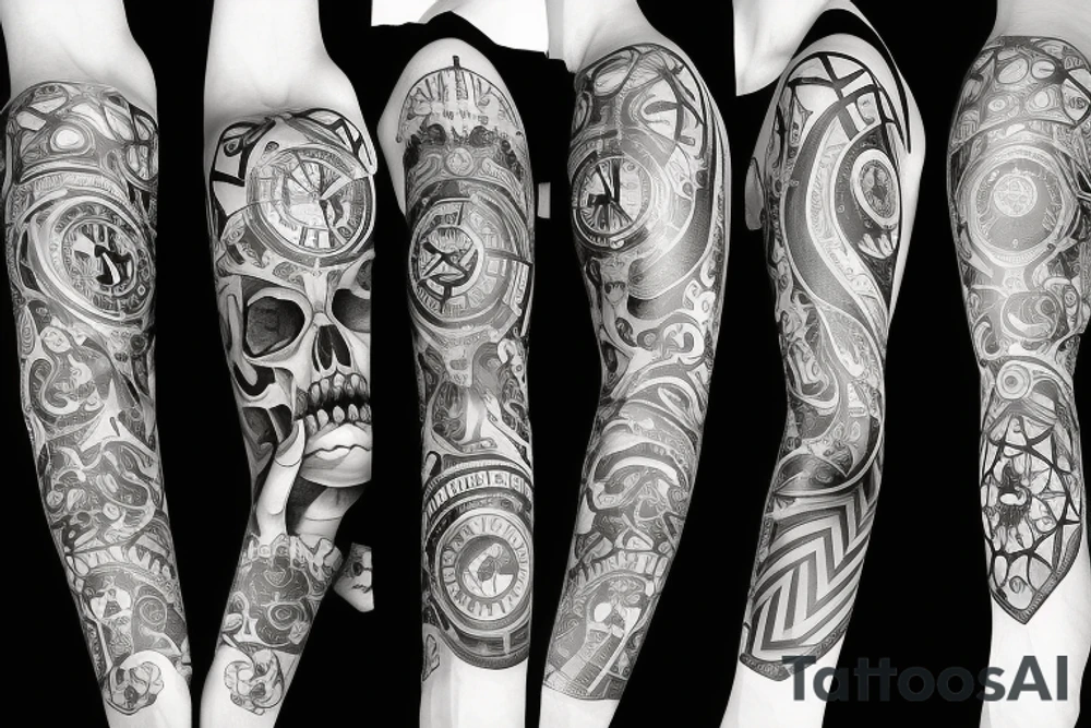 Full Arm sleeve with a clock as the center piece, skull, and life tattoo idea