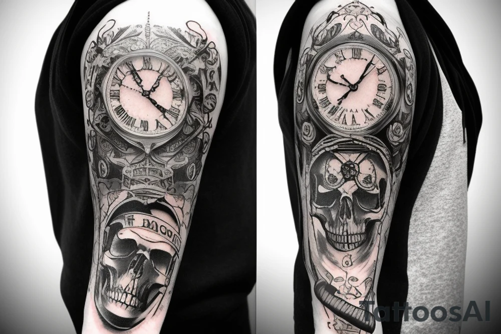 Full Arm sleeve with a clock on the forearm and a skull beneath. Upper arm all about life tattoo idea
