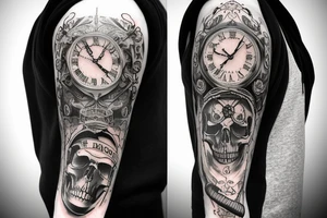 Full Arm sleeve with a clock on the forearm and a skull beneath. Upper arm all about life tattoo idea