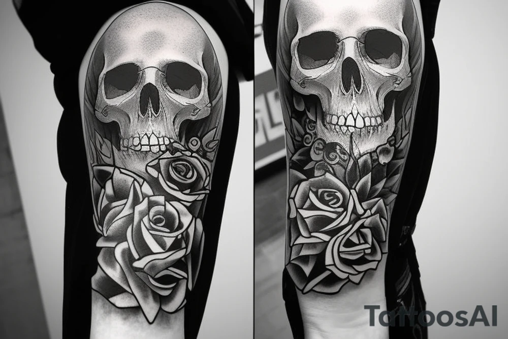Full Arm sleeve with a clock on the forearm and a skull beneath. Upper arm all about life tattoo idea