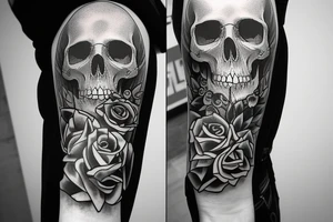 Full Arm sleeve with a clock on the forearm and a skull beneath. Upper arm all about life tattoo idea