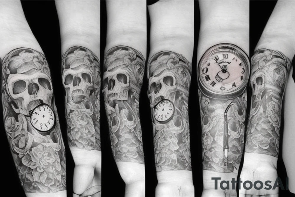 Clock on forearm and skull tattoo idea