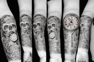 Clock on forearm and skull tattoo idea