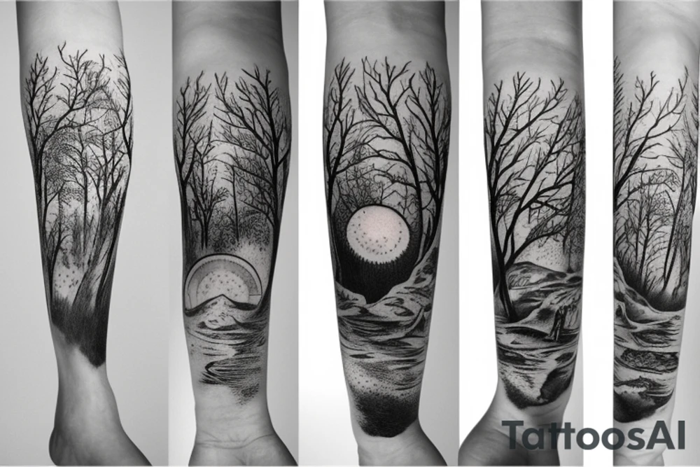 Beach with a sun and forest tattoo idea