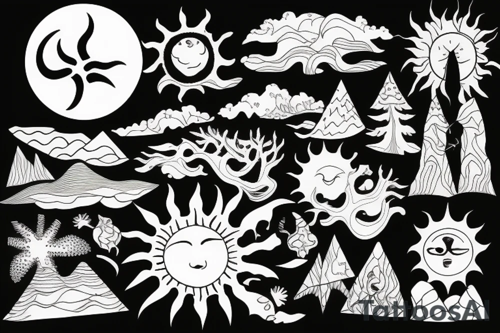 Beach with a sun and forest tattoo idea