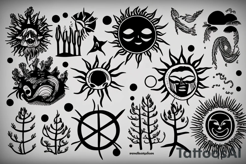 Beach with a sun and forest tattoo idea