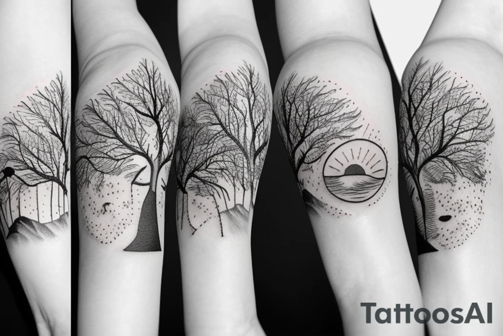 Beach with a sun and forest tattoo idea