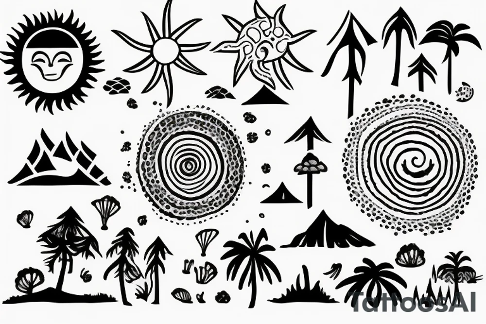 Beach with a sun and forest tattoo idea