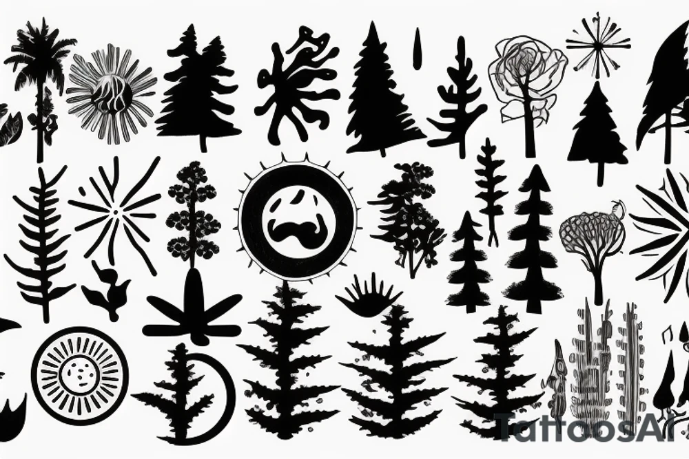 Beach with a sun and forest tattoo idea