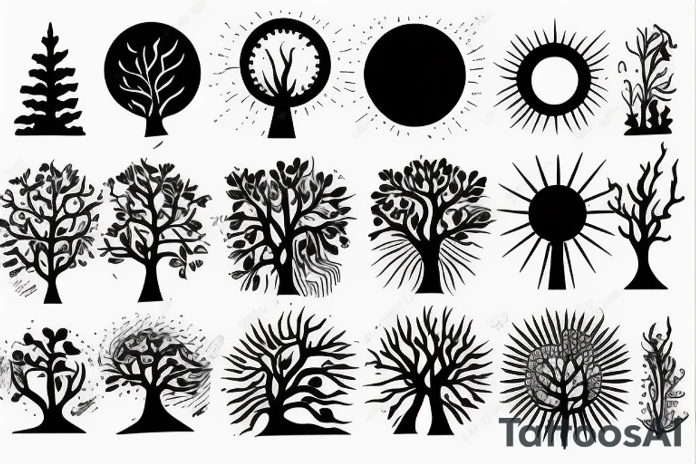 Beach with a sun and forest tattoo idea