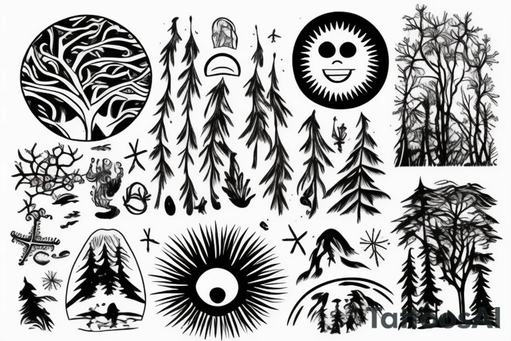 Beach with a sun and forest tattoo idea