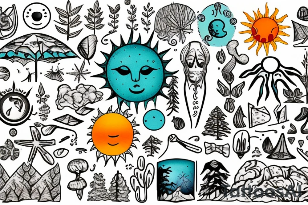 Beach with a sun and forest tattoo idea